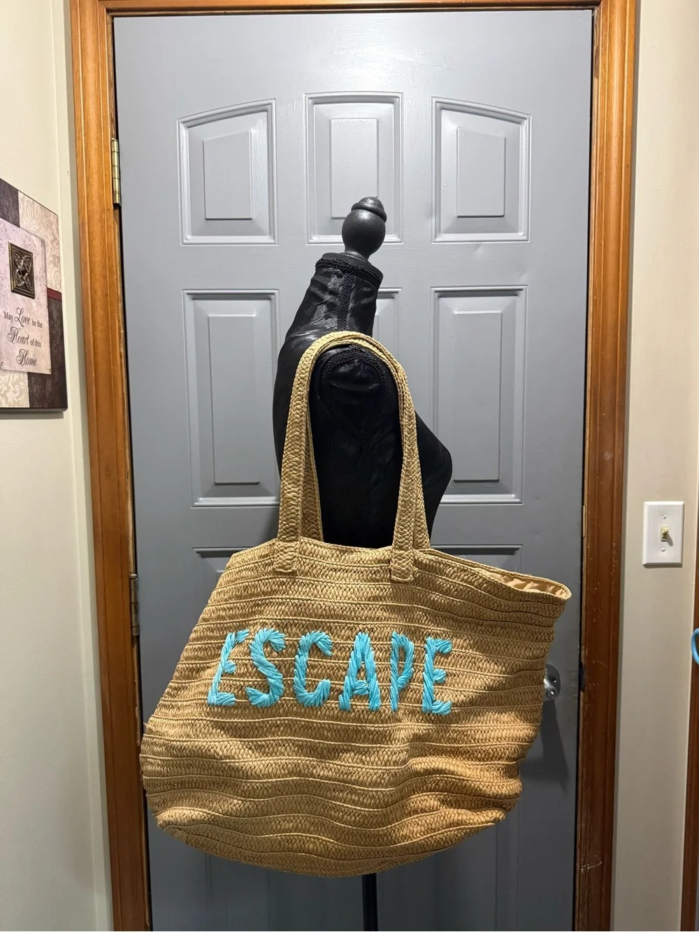 Kasa Style Oversized Straw Beach Tote Bag Teal Blue ESCAPE Embroidered Woven
